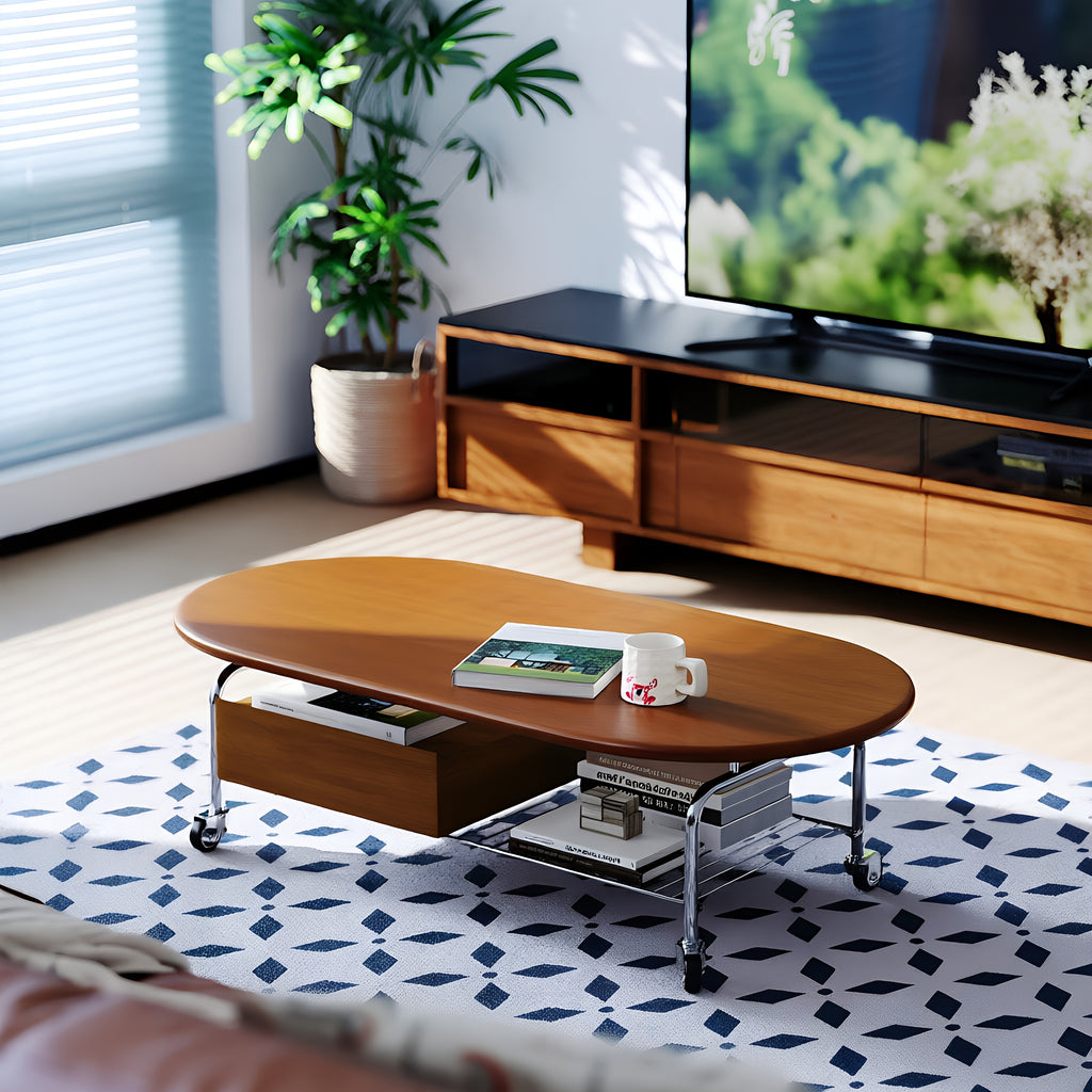 Modern Minimalist Oval Wooden Mobile Coffee Table with Storage