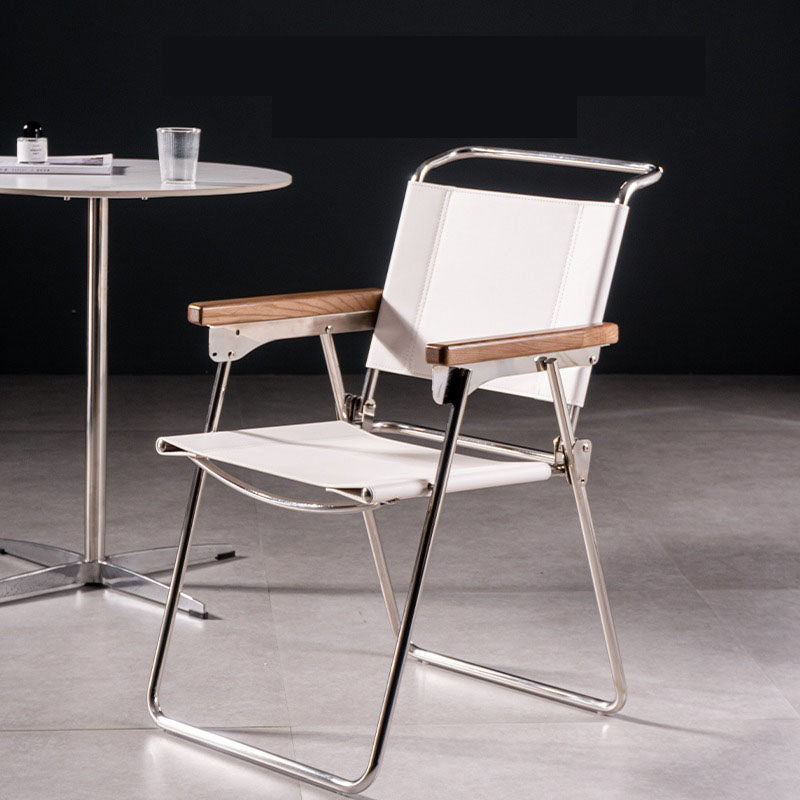 Chrome Folding Armchair with Wood Arms & Leatherette