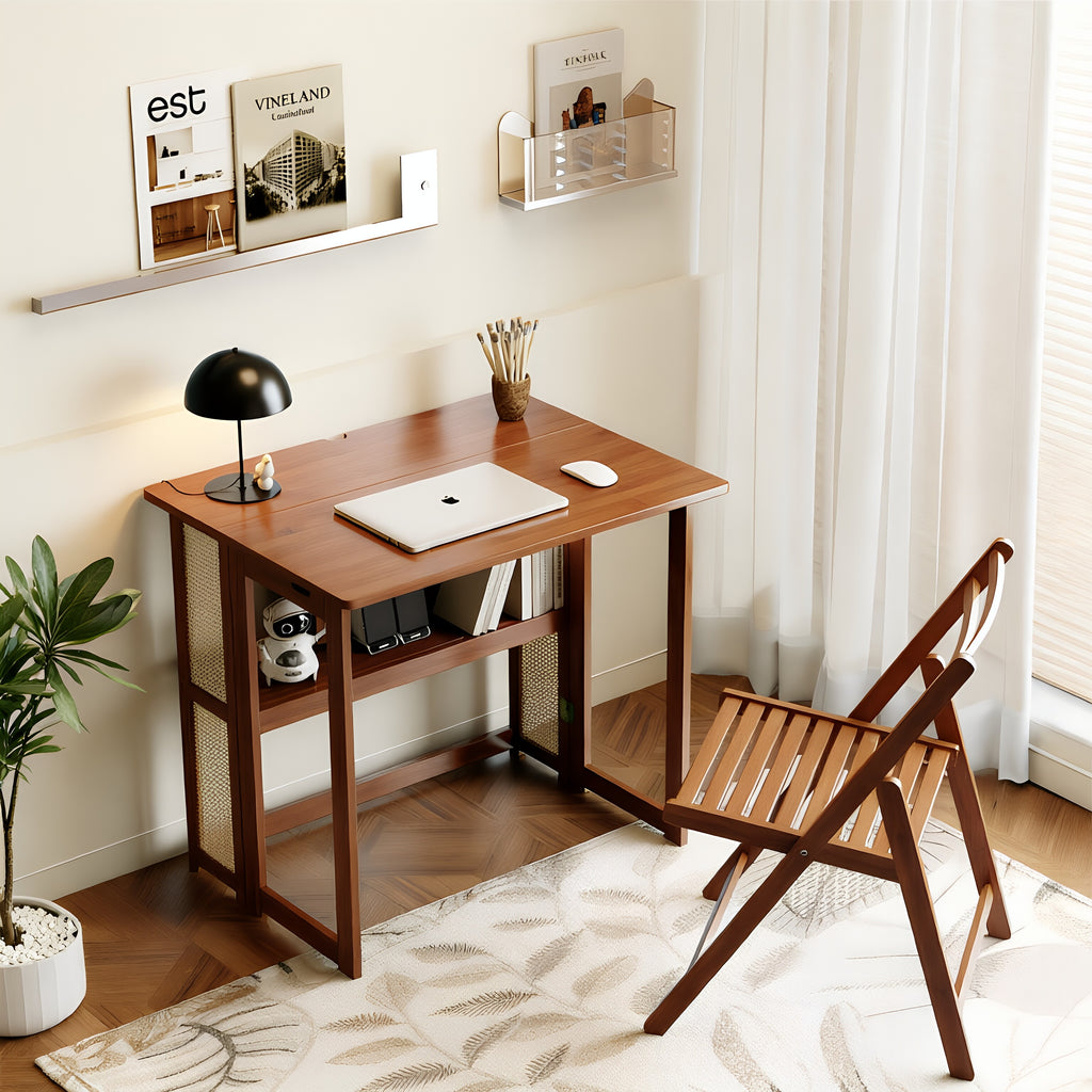 Woven Panel Foldable Solid Wood Compact Desk
