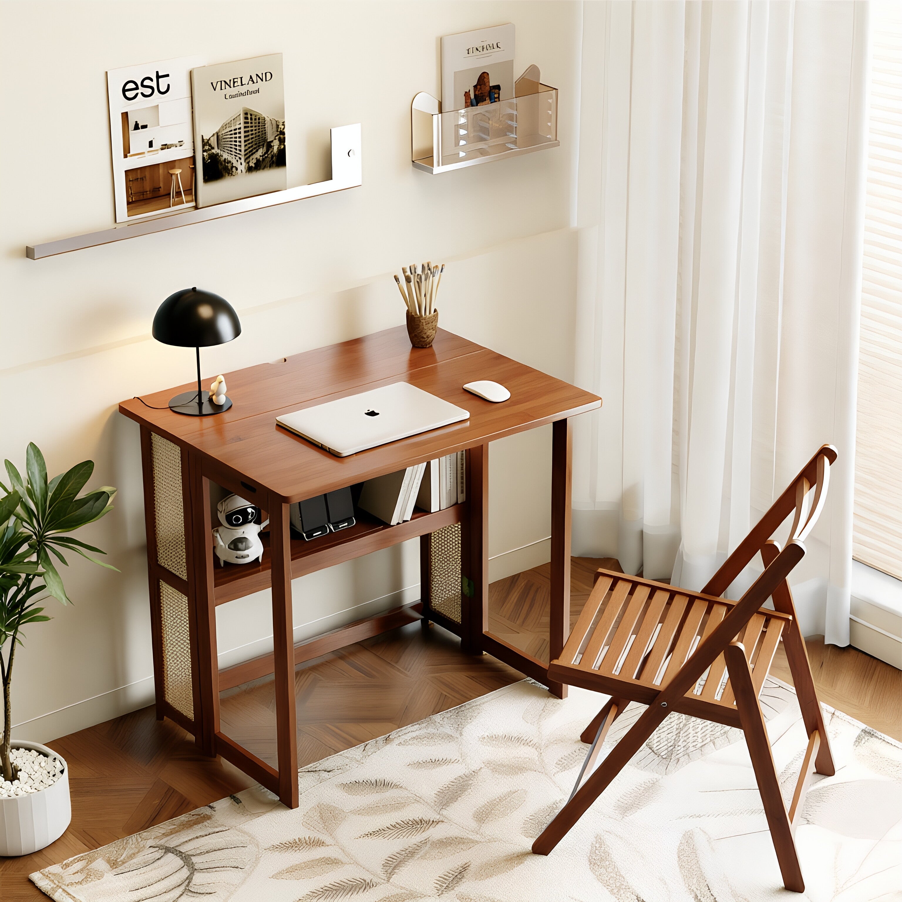 Woven Panel Foldable Solid Wood Compact Desk