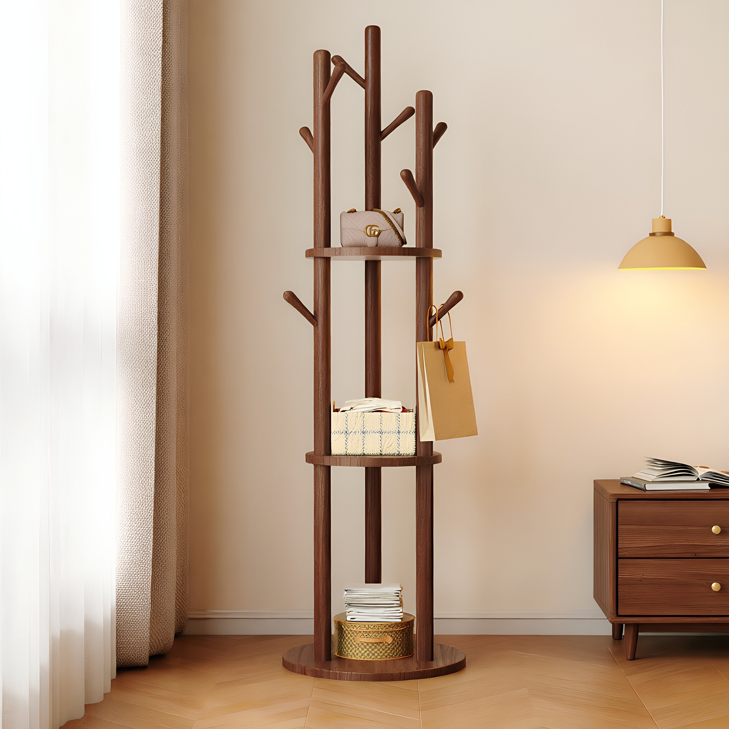 Modern Minimalist Walnut Wood Tree-Inspired Multi-Tier Coat & Storage Rack