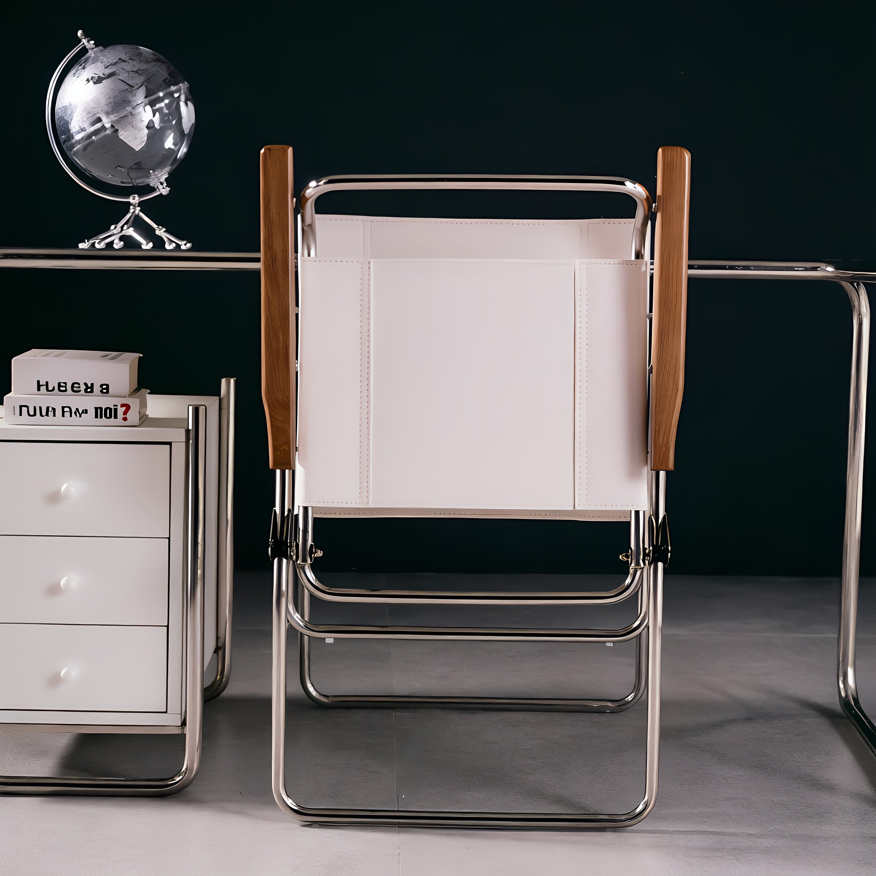 Chrome Folding Armchair with Wood Arms & Leatherette