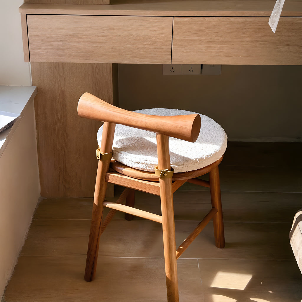Wooden Stool with Detachable Bouclé Cushion & Drumstick Backrest