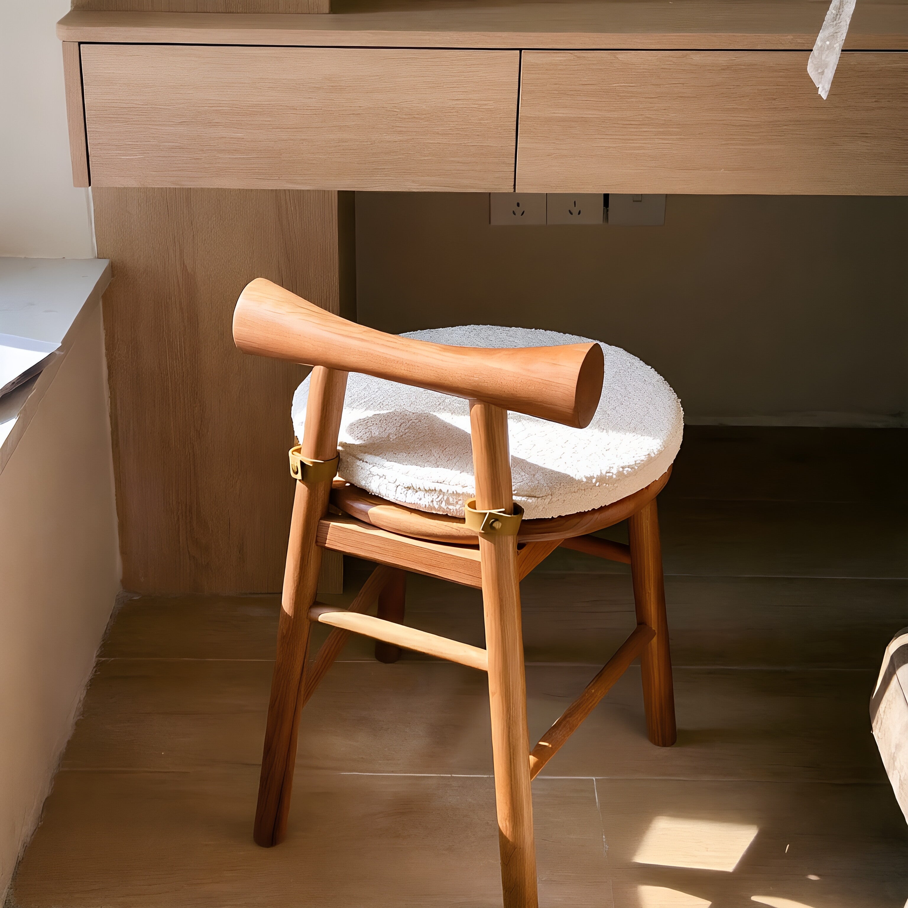 Wooden Stool with Detachable Bouclé Cushion & Drumstick Backrest