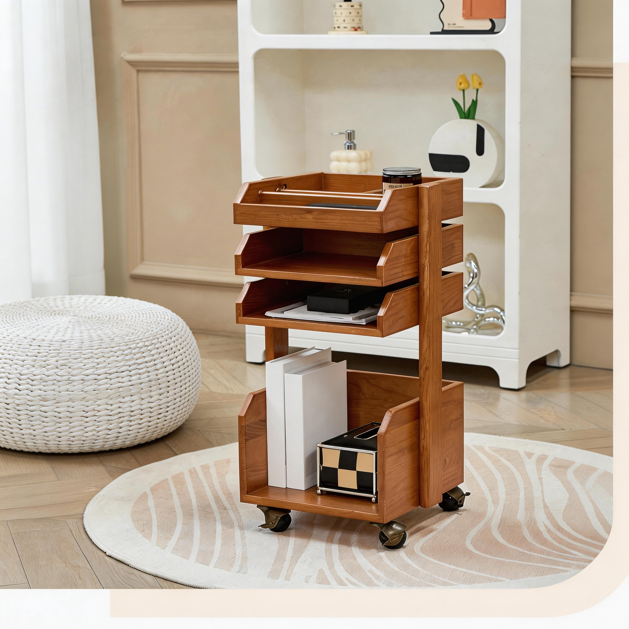 Modular 4-Tier Wooden Rolling Cart