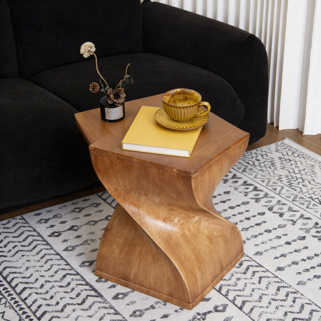 Sculptural Twisted Solid Wood Side Table