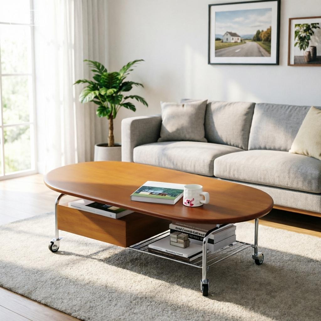 Modern Minimalist Oval Wooden Mobile Coffee Table with Storage
