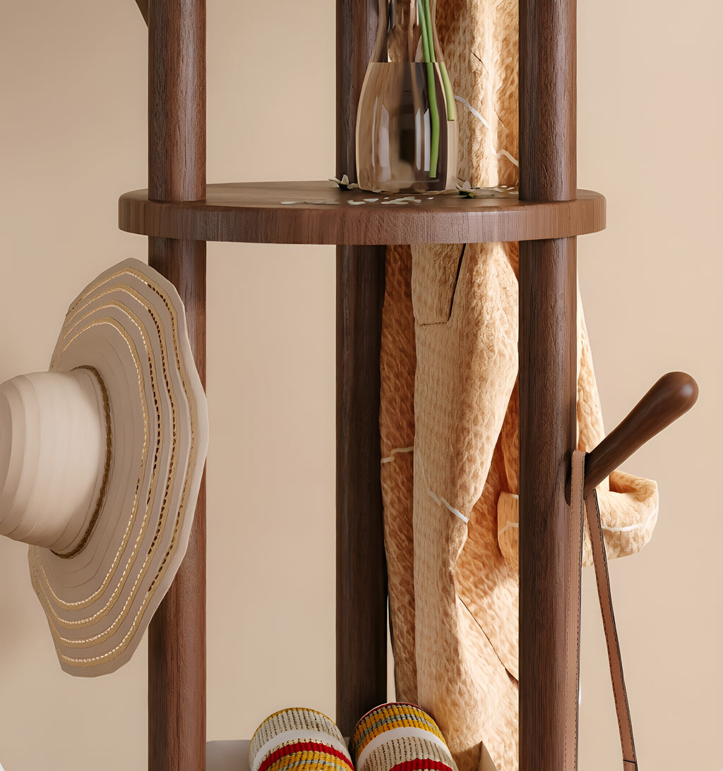 Modern Minimalist Walnut Wood Tree-Inspired Multi-Tier Coat & Storage Rack