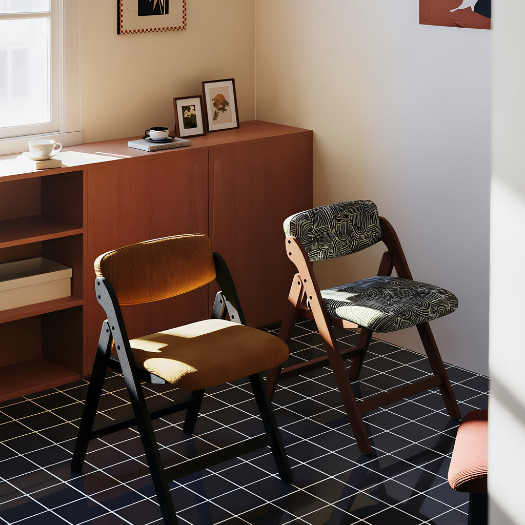 Mid-Century Folding Armchair – Solid Wood & Patterned Fabric