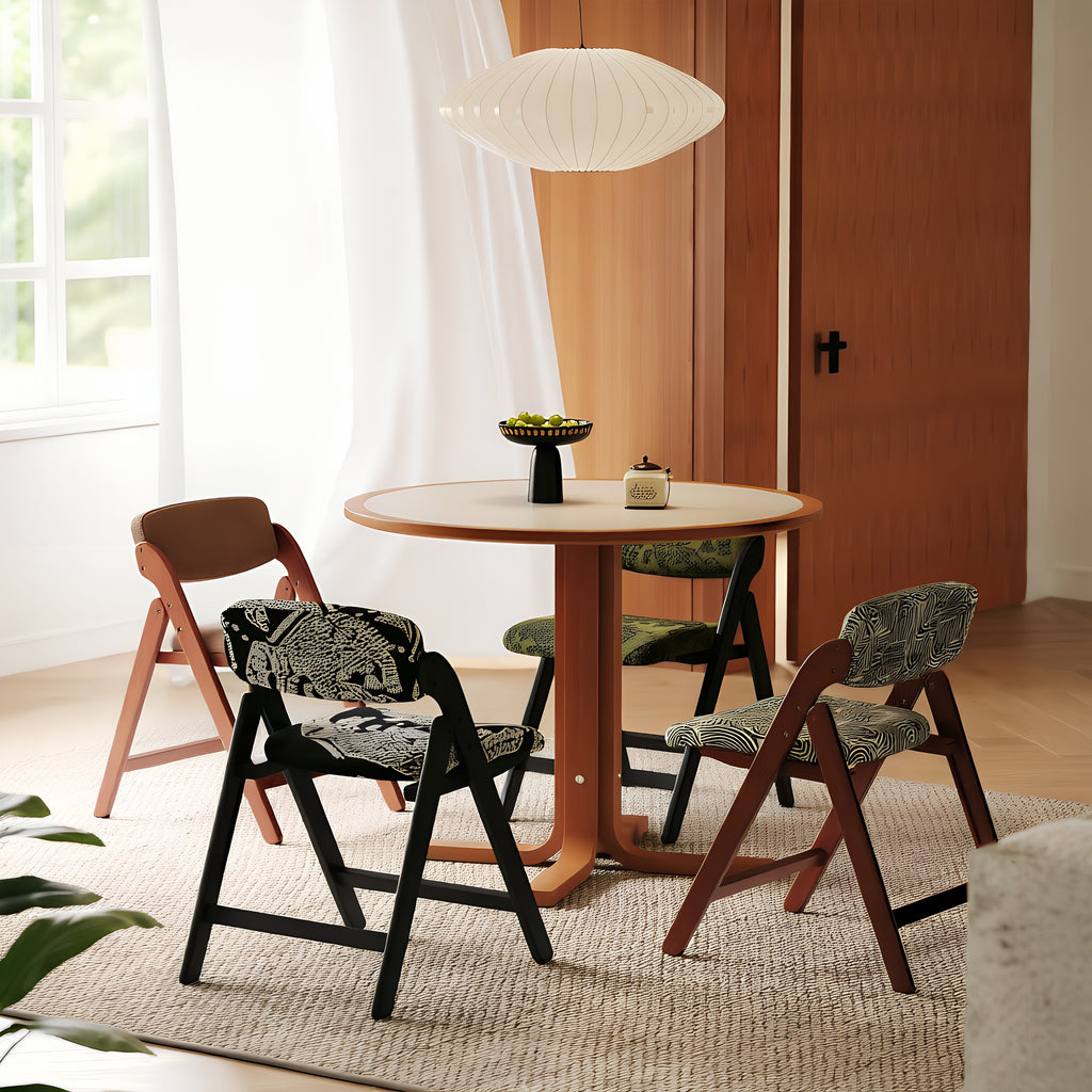 Mid-Century Folding Armchair – Solid Wood & Patterned Fabric