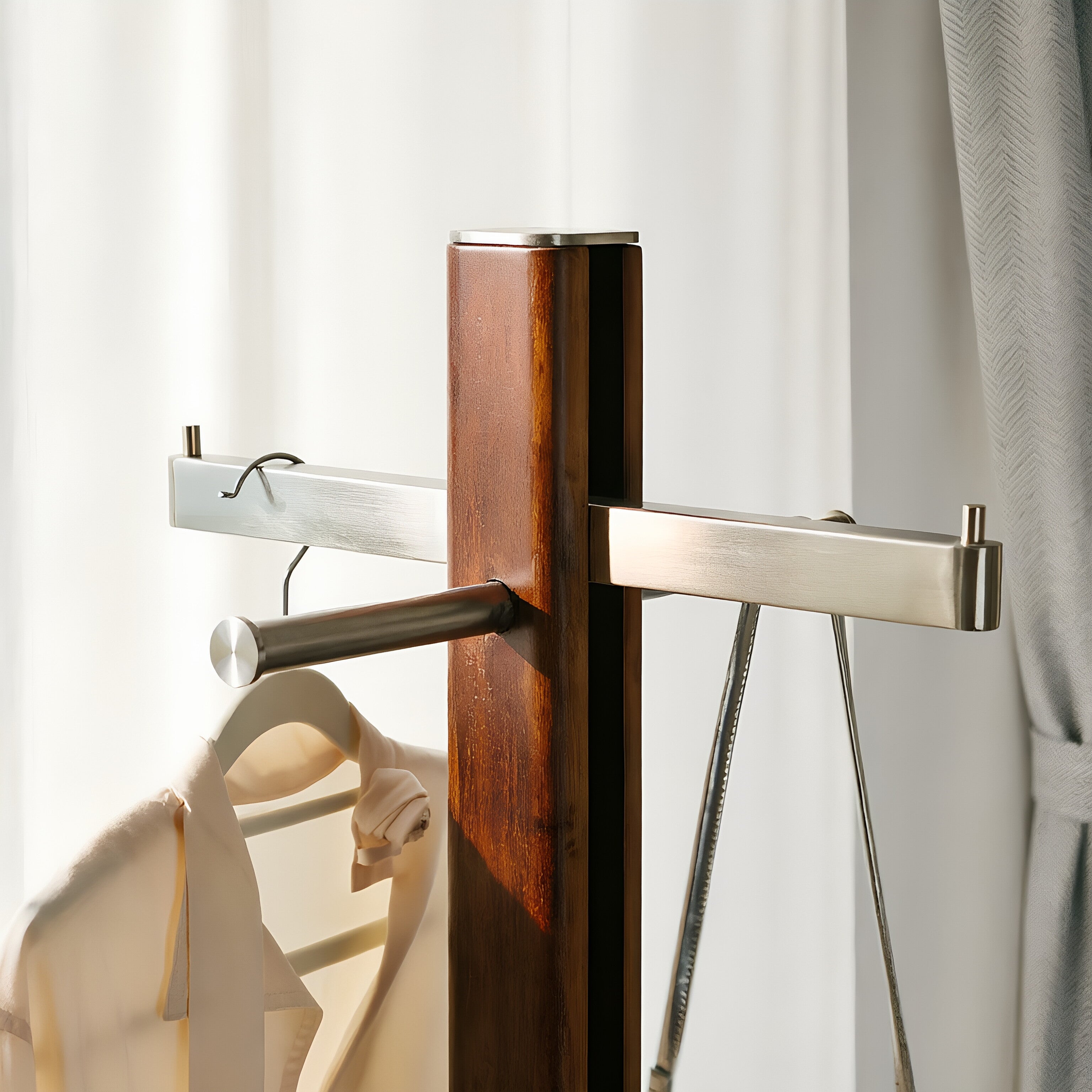 Contemporary Walnut Wood & Metal Integrated Coat Rack