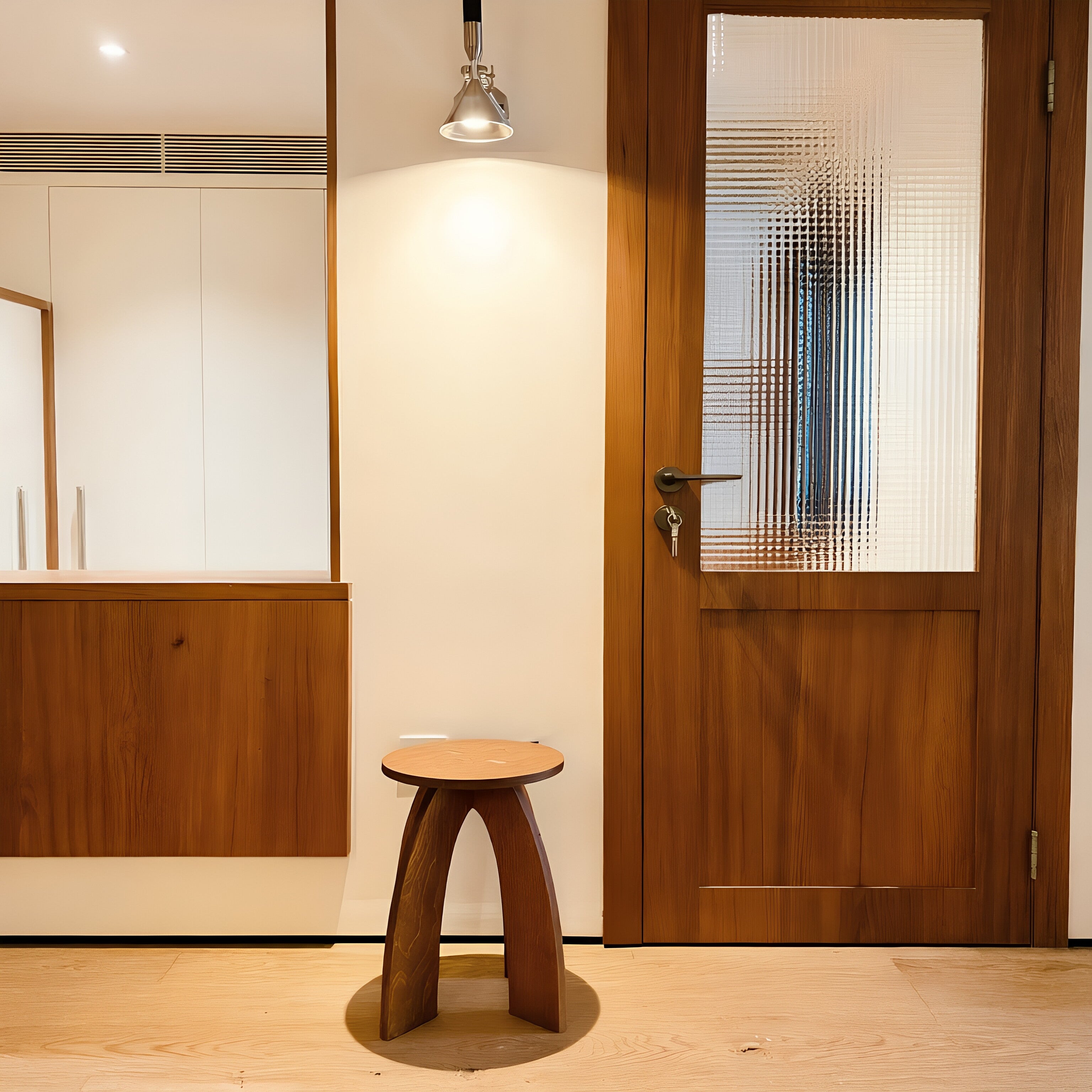 Archi Stool – Tri-Arc Wooden Stool with Cross-Inlay Seat