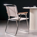 Chrome Folding Armchair with Wood Arms & Leatherette