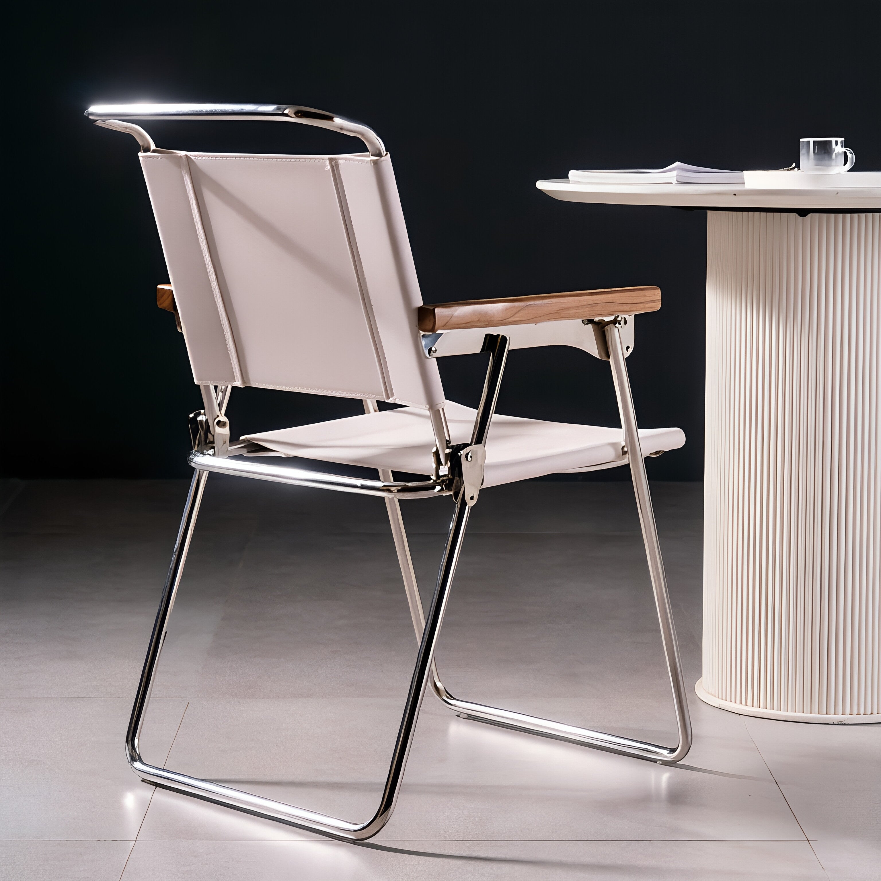 Chrome Folding Armchair with Wood Arms & Leatherette