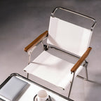 Chrome Folding Armchair with Wood Arms & Leatherette