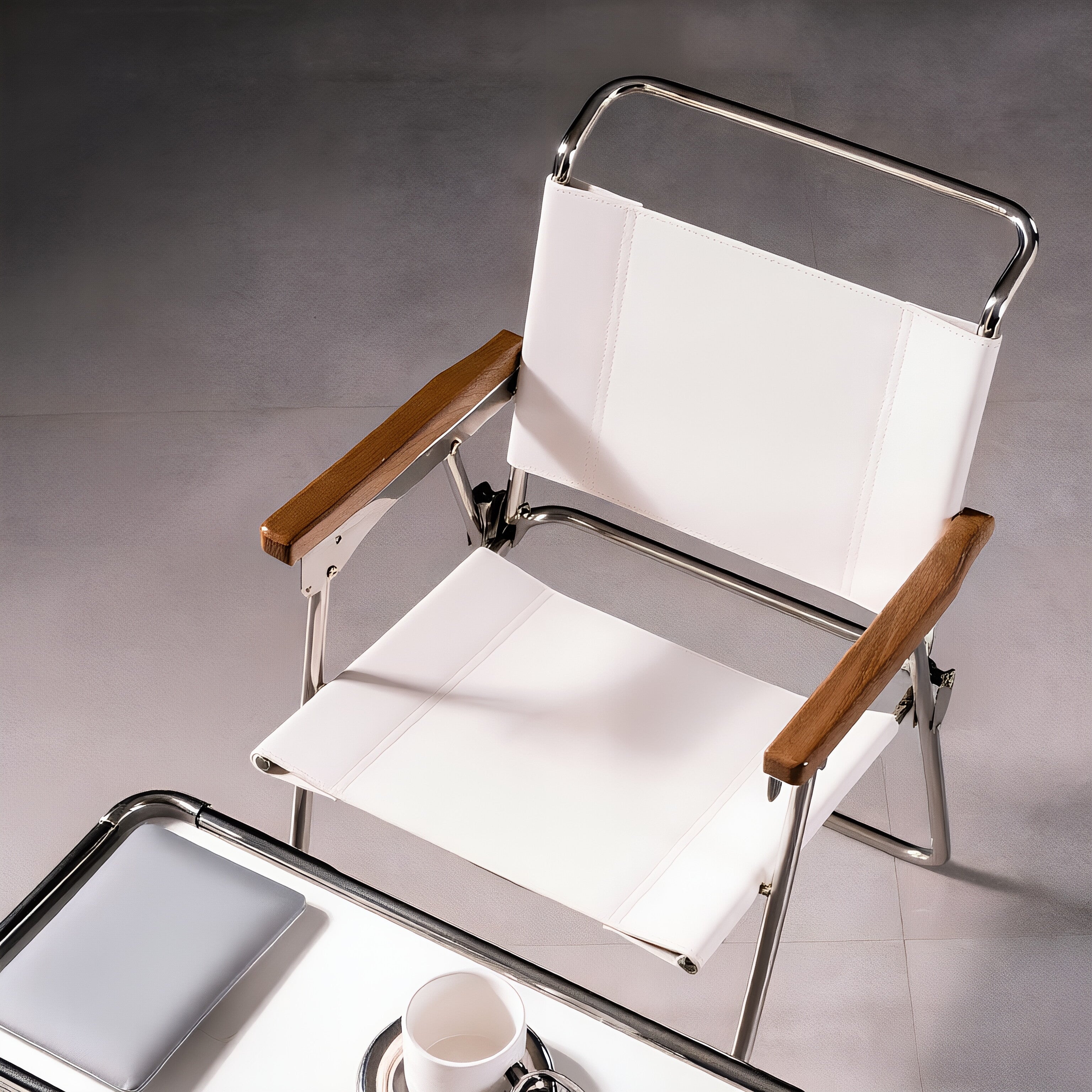 Chrome Folding Armchair with Wood Arms & Leatherette