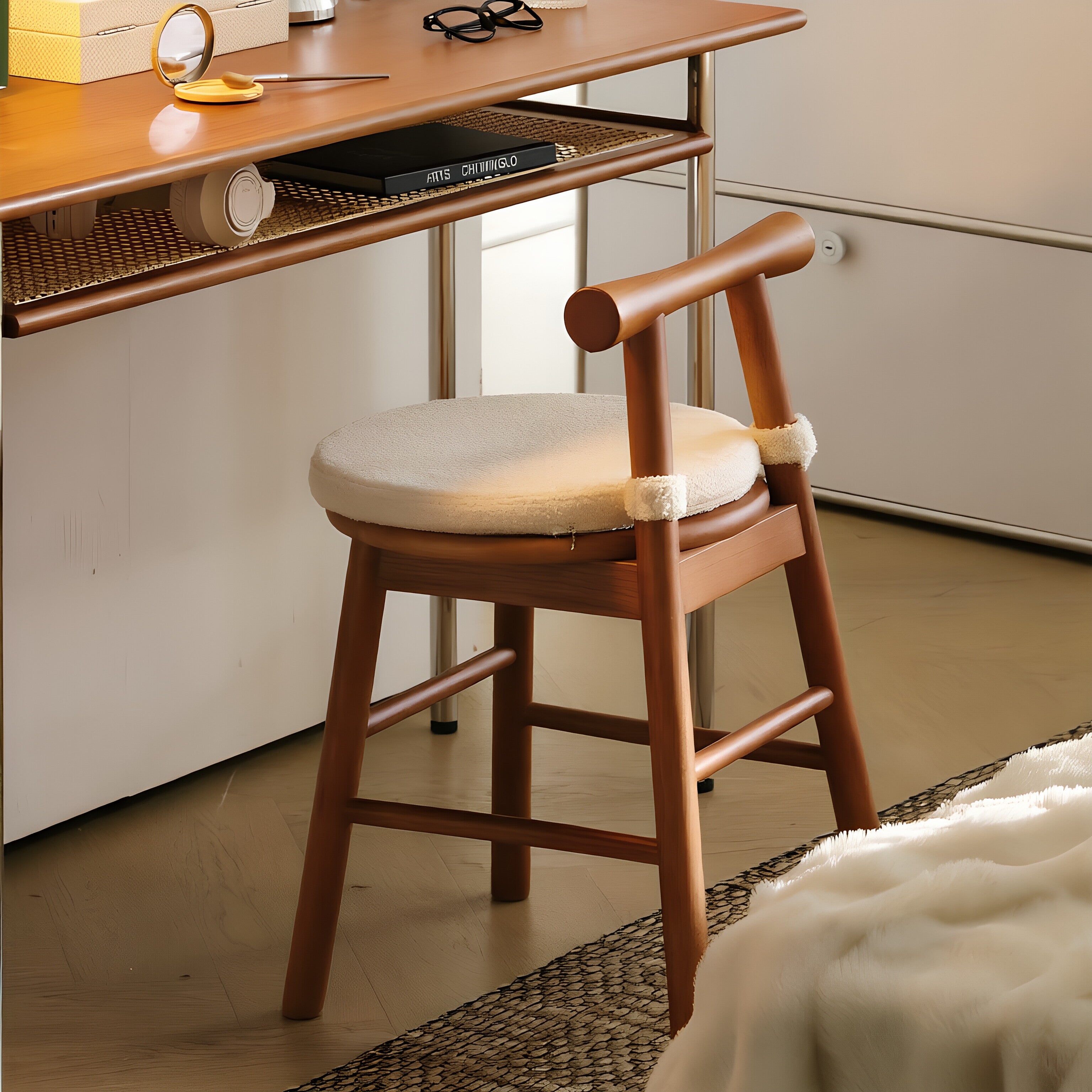 Wooden Stool with Detachable Bouclé Cushion & Drumstick Backrest