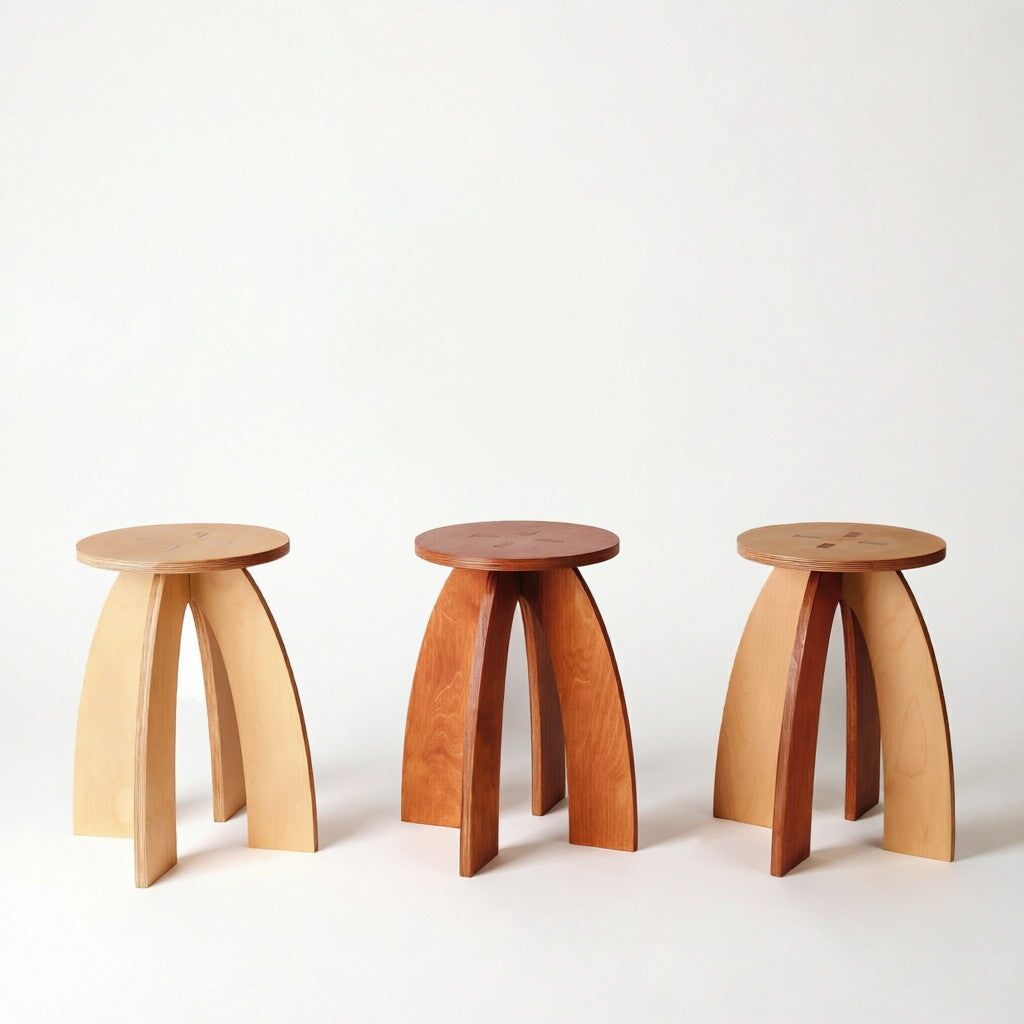 Archi Stool – Tri-Arc Wooden Stool with Cross-Inlay Seat