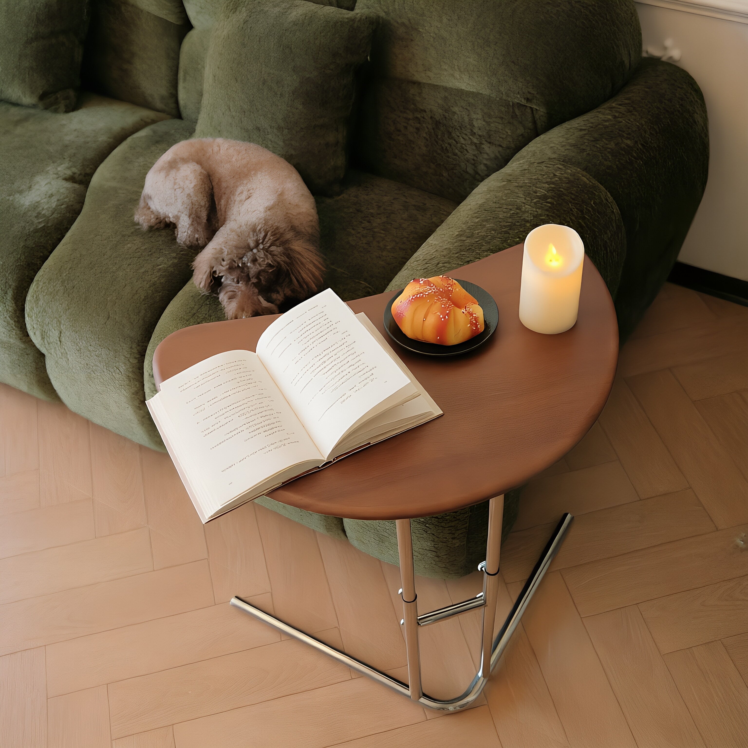 Modern Semicircular Wooden Side Table with Metal Legs