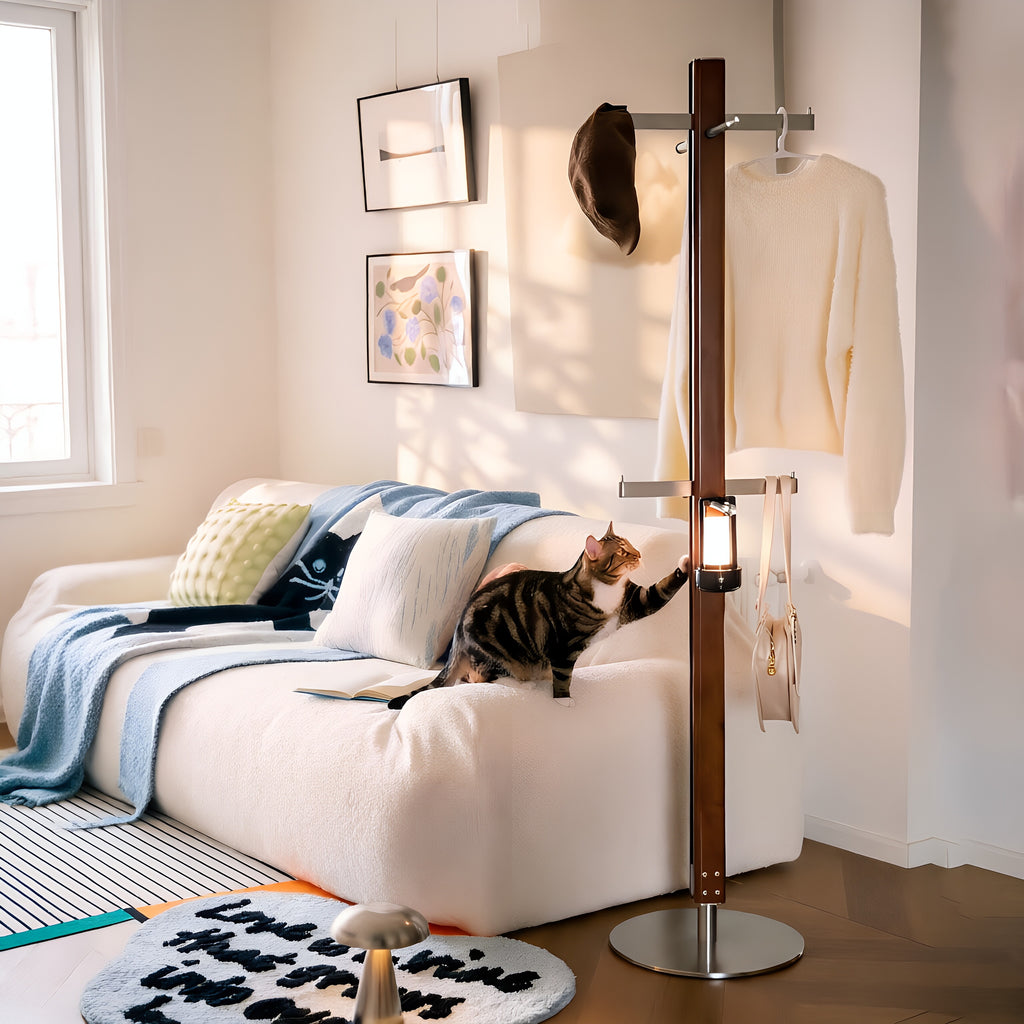 Contemporary Walnut Wood & Metal Integrated Coat Rack