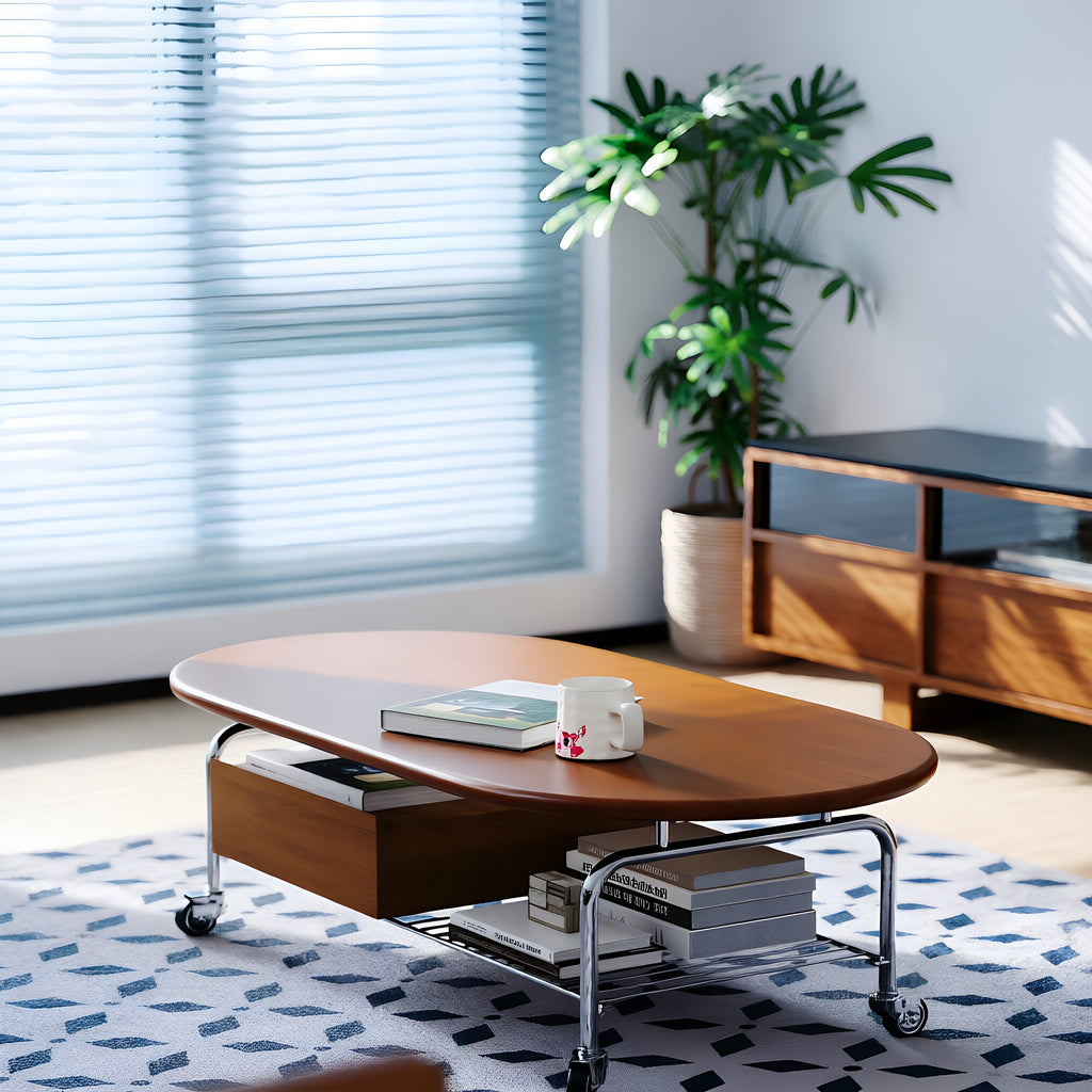 Modern Minimalist Oval Wooden Mobile Coffee Table with Storage