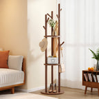 Modern Minimalist Walnut Wood Tree-Inspired Multi-Tier Coat & Storage Rack