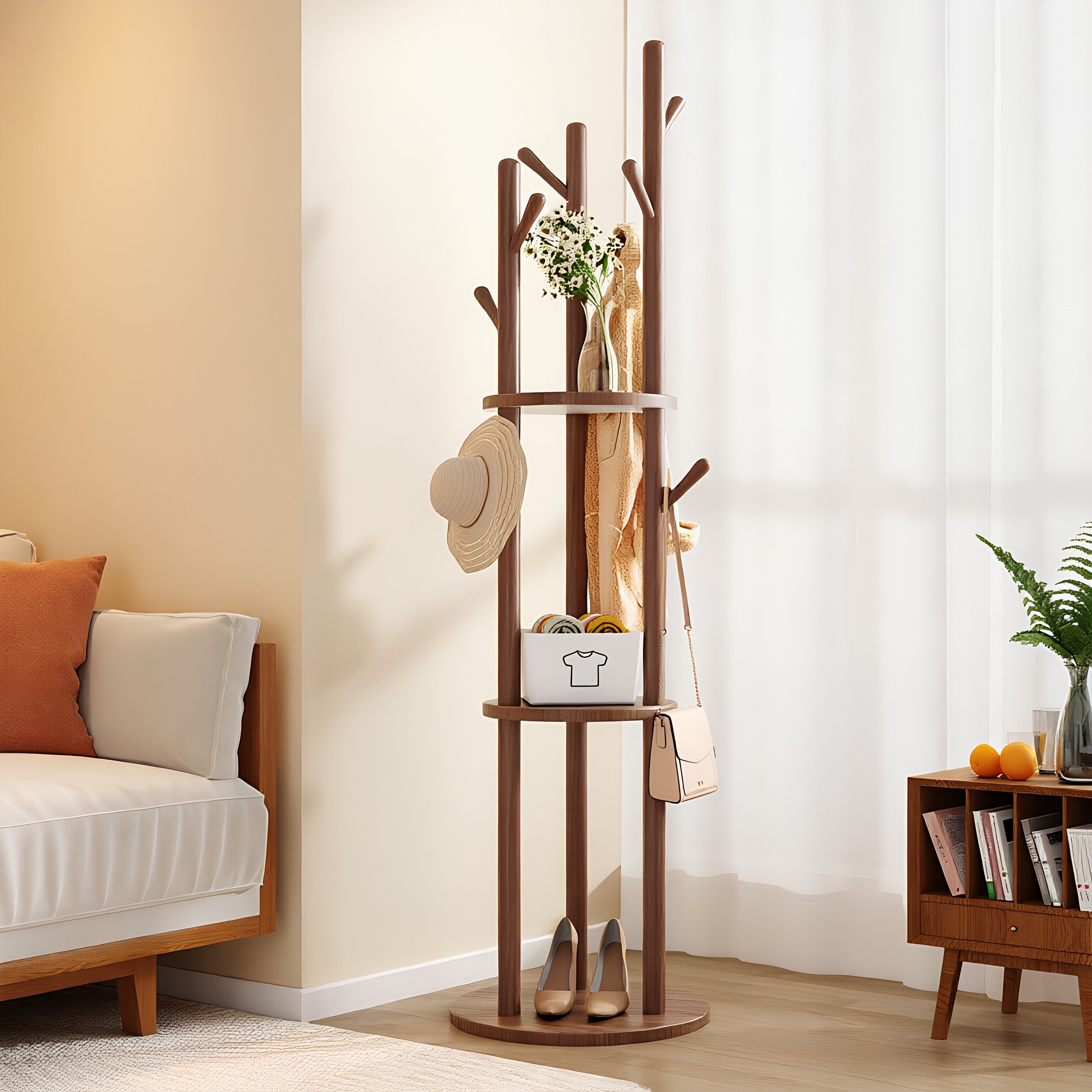 Modern Minimalist Walnut Wood Tree-Inspired Multi-Tier Coat & Storage Rack