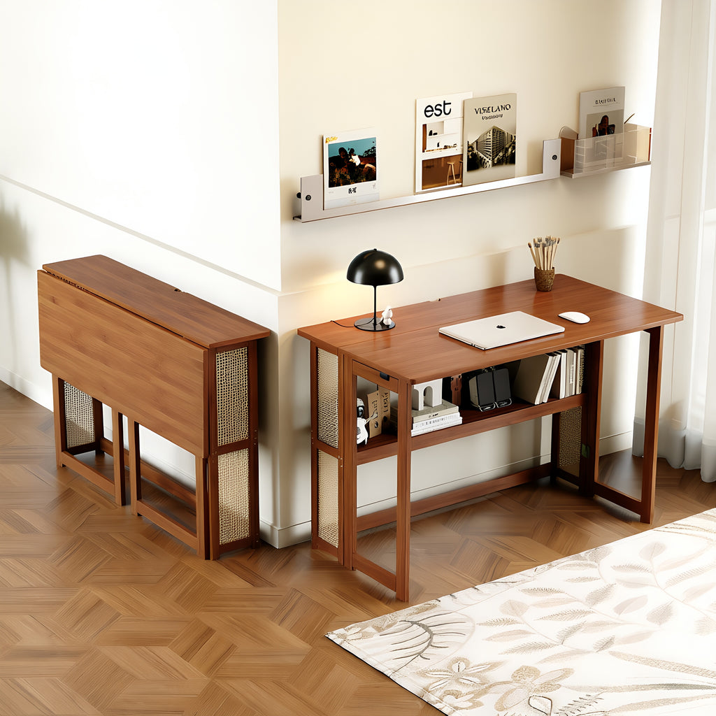 Woven Panel Foldable Solid Wood Compact Desk