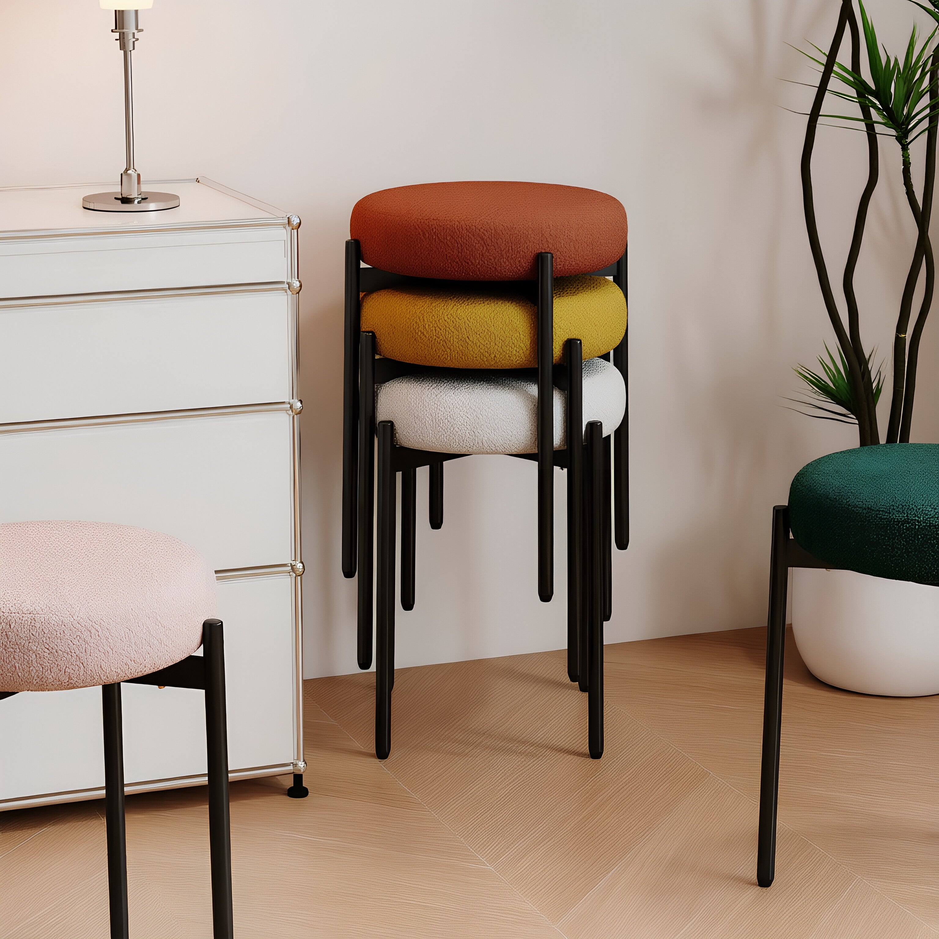 Stackable Round Stool – Bouclé Upholstered Seat & Metal Legs