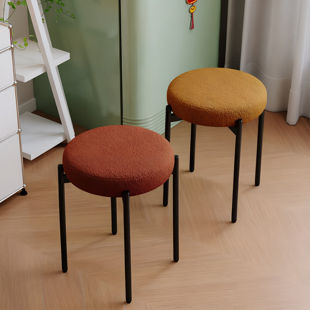 Stackable Round Stool – Bouclé Upholstered Seat & Metal Legs