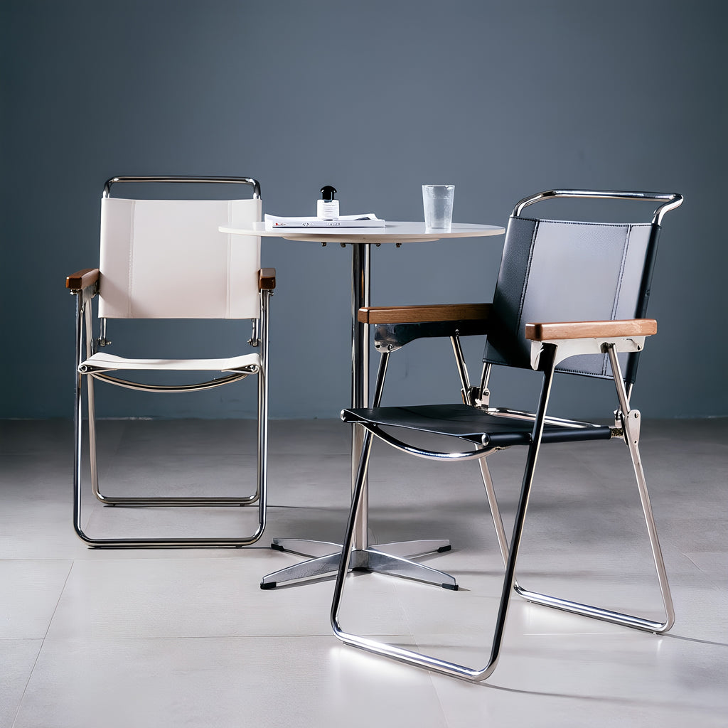 Chrome Folding Armchair with Wood Arms & Leatherette