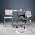 Chrome Folding Armchair with Wood Arms & Leatherette