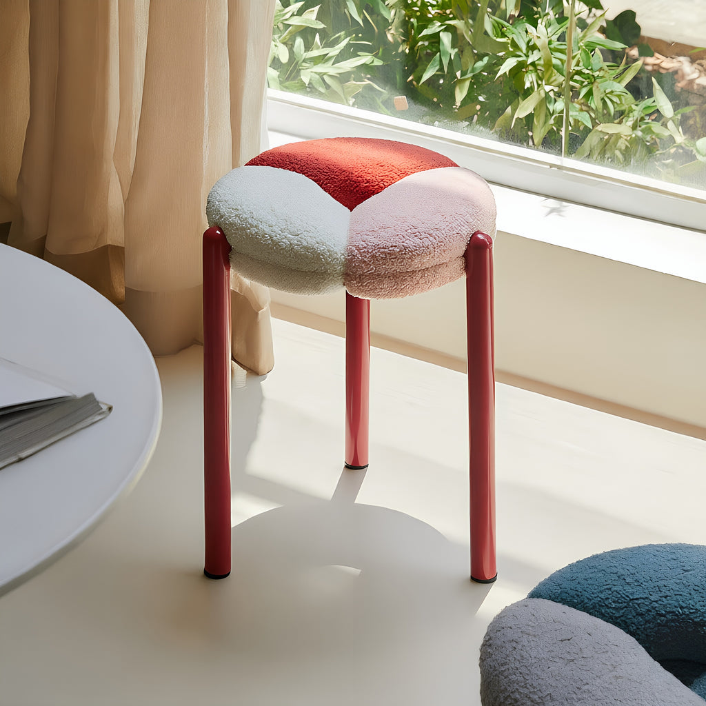 Tri-Petal Stool – Stackable Bouclé Seat with Color-Block Legs