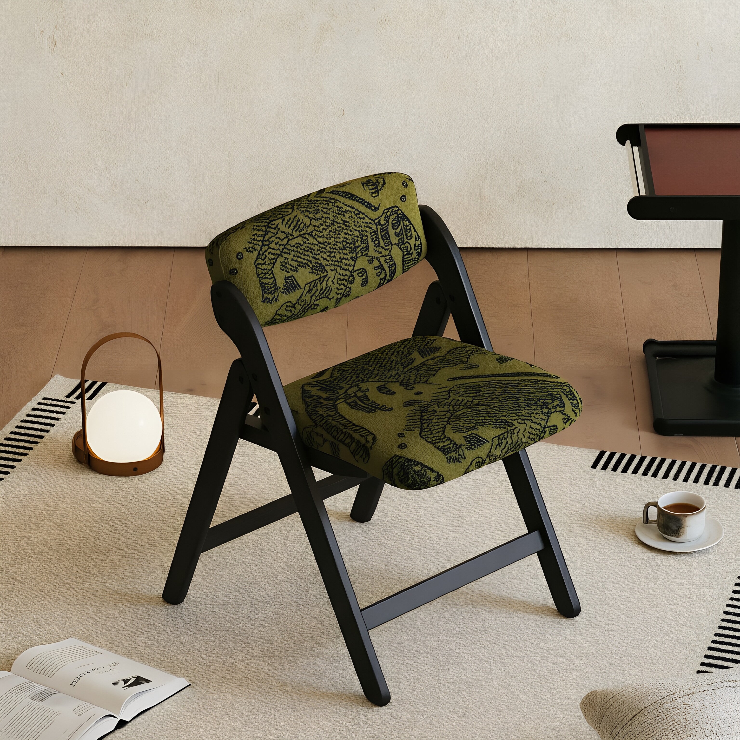 Mid-Century Folding Armchair – Solid Wood & Patterned Fabric