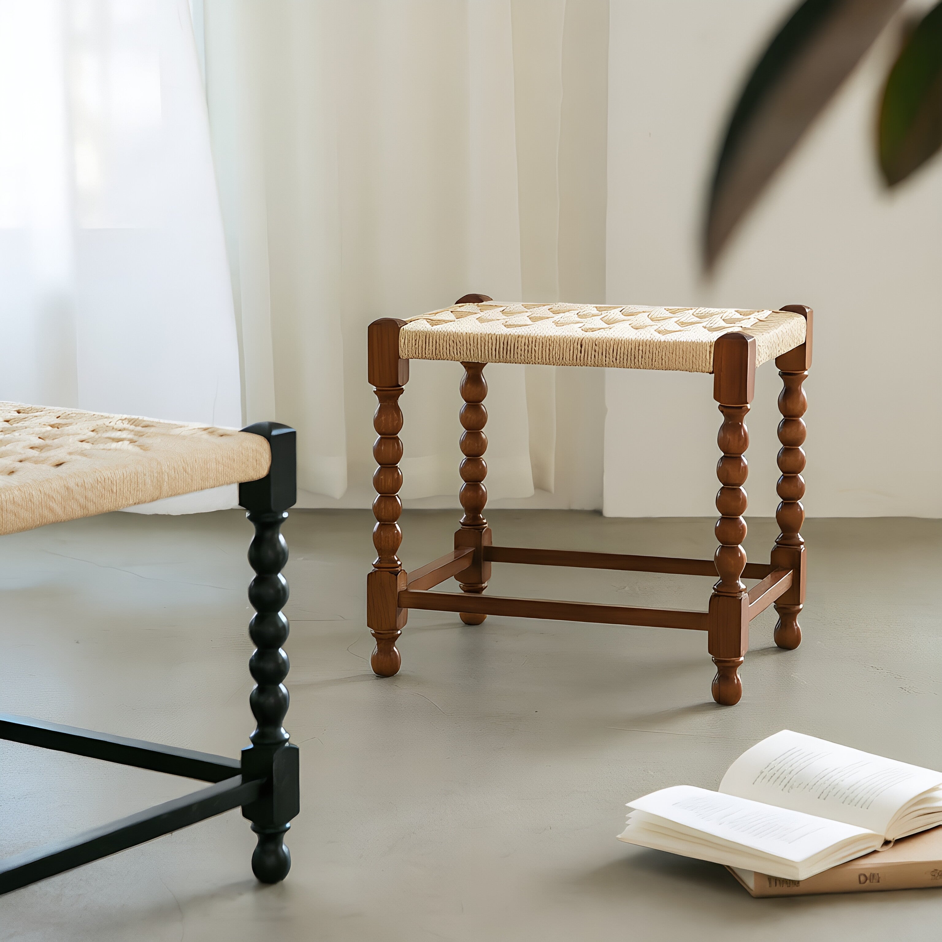 Handwoven Paper-Rope Stool – Barley-Twist Wooden Frame