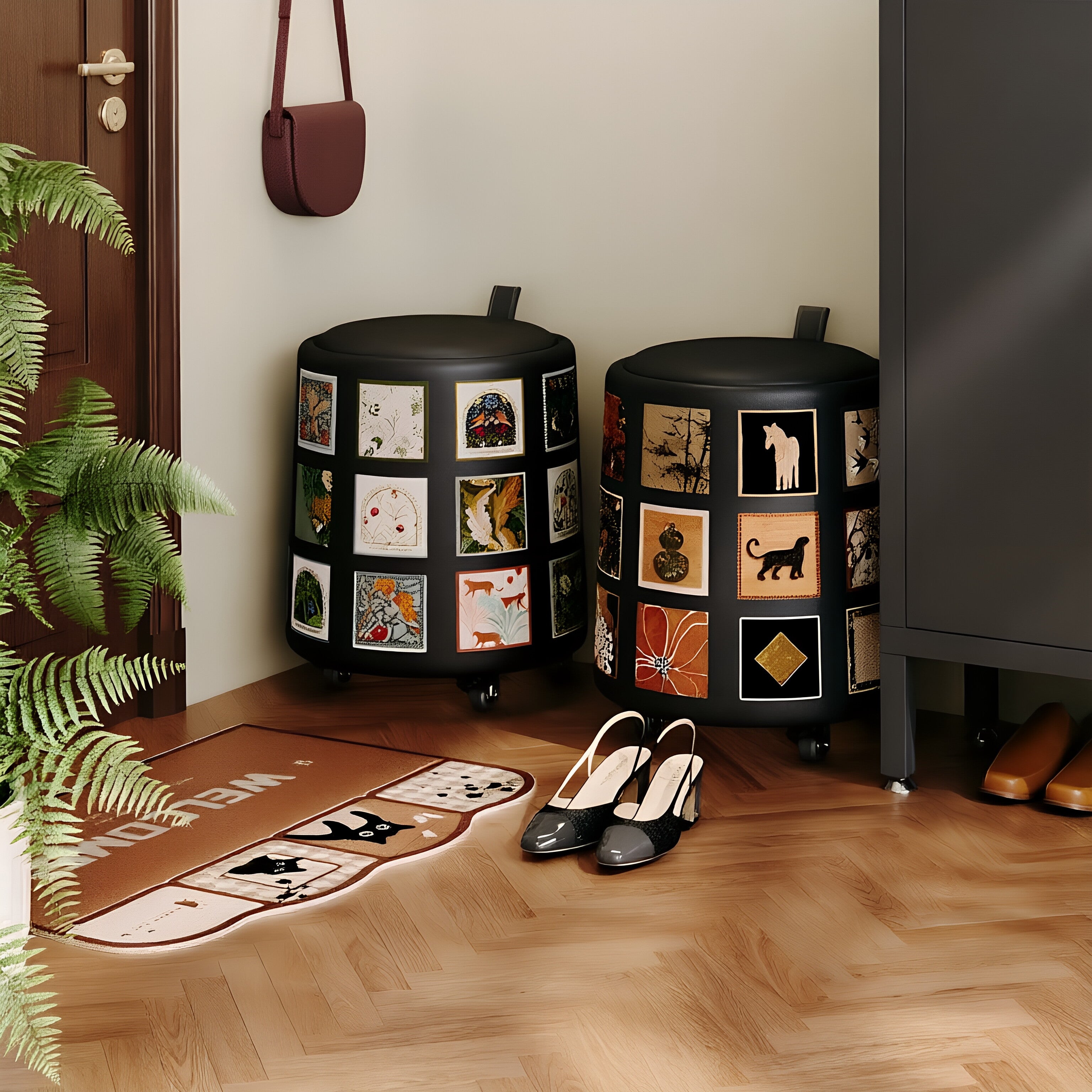 The Collage Stool – Wheeled, Art-Embellished Cylinder