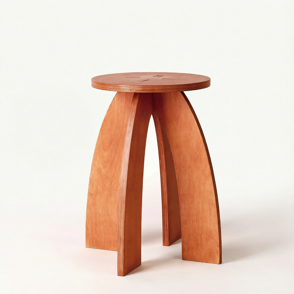 Archi Stool – Tri-Arc Wooden Stool with Cross-Inlay Seat