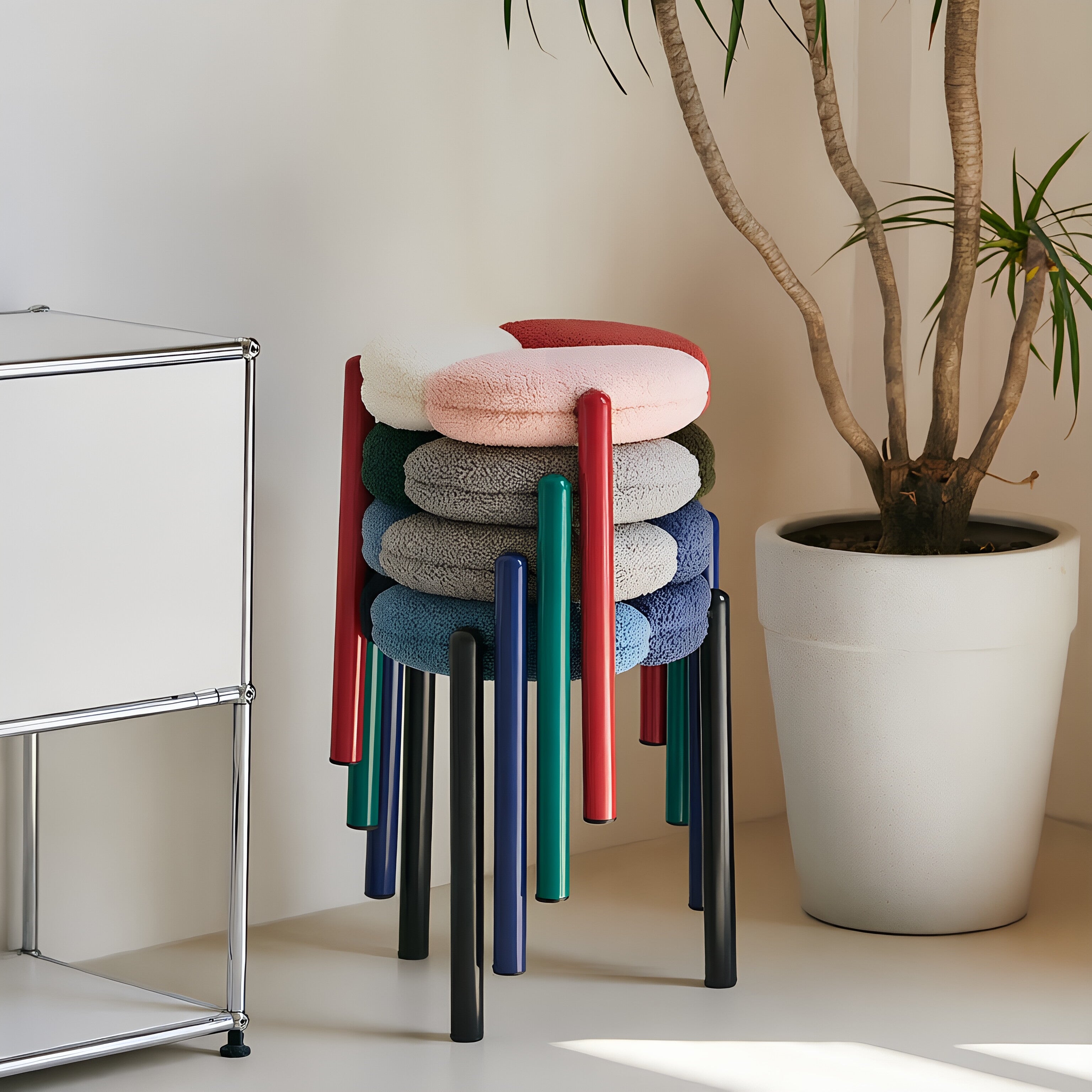 Tri-Petal Stool – Stackable Bouclé Seat with Color-Block Legs