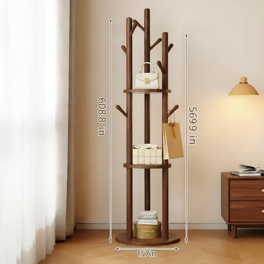 Modern Minimalist Walnut Wood Tree-Inspired Multi-Tier Coat & Storage Rack