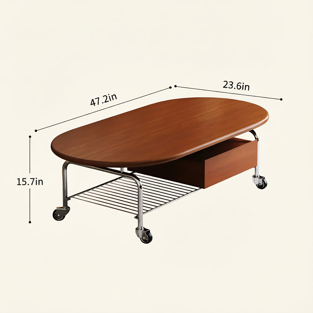 Modern Minimalist Oval Wooden Mobile Coffee Table with Storage