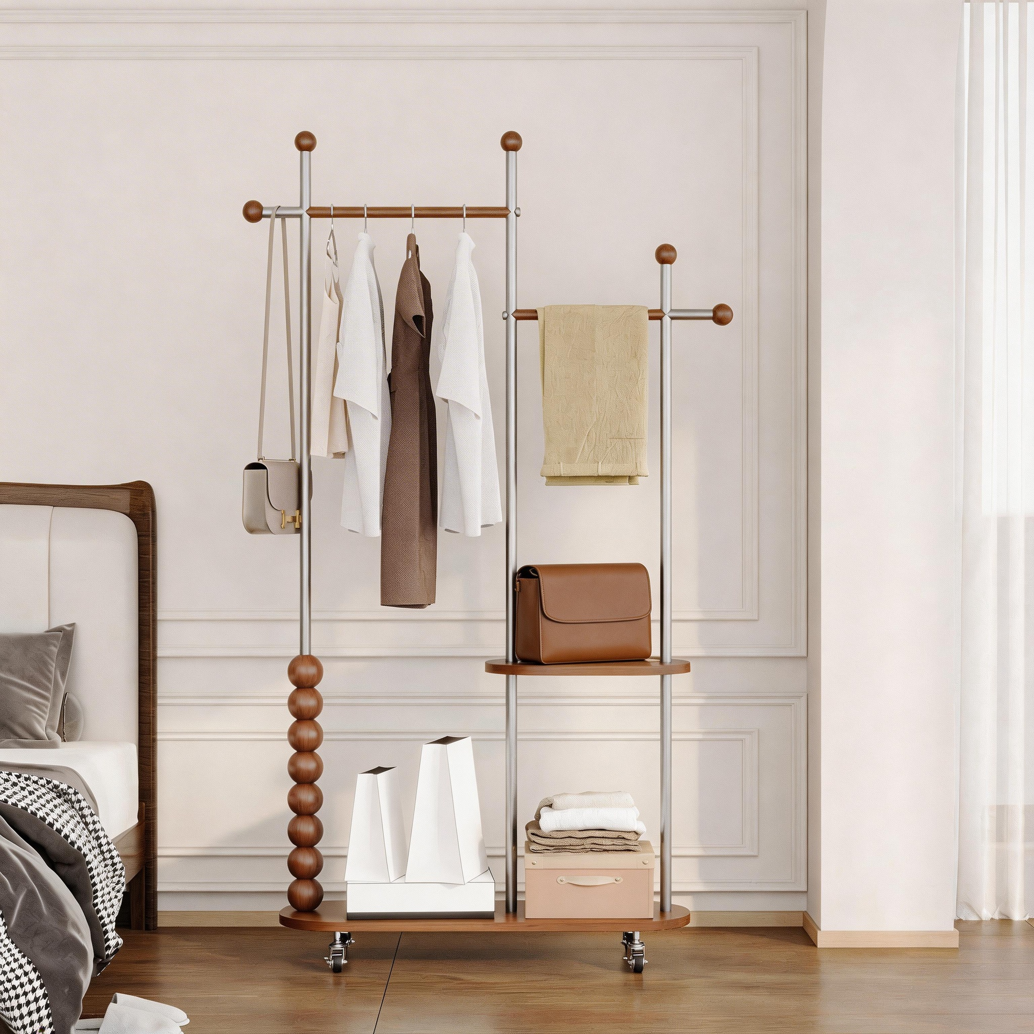 Dual-Pole Wood-Metal Rolling Organizer