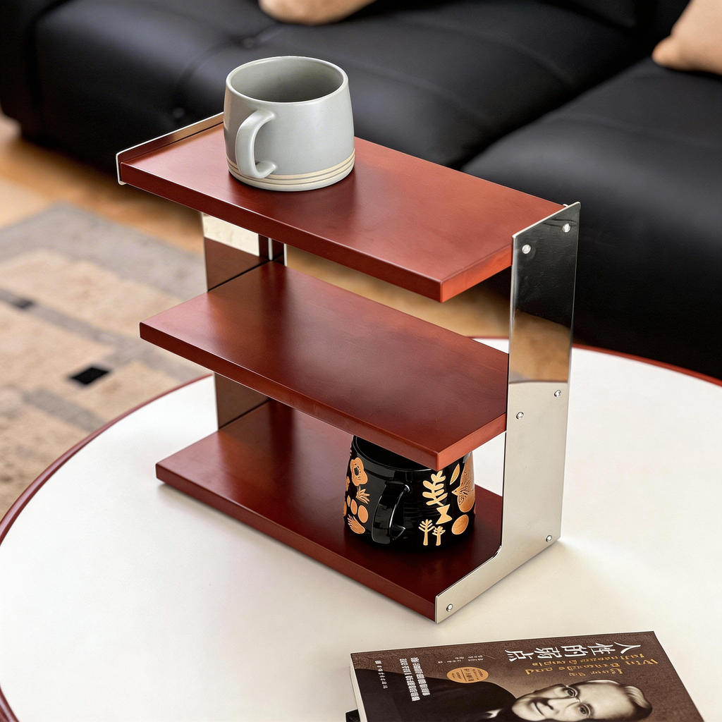 Mirror-Finish Metal Supported Three-Tier Wooden Cup Stand