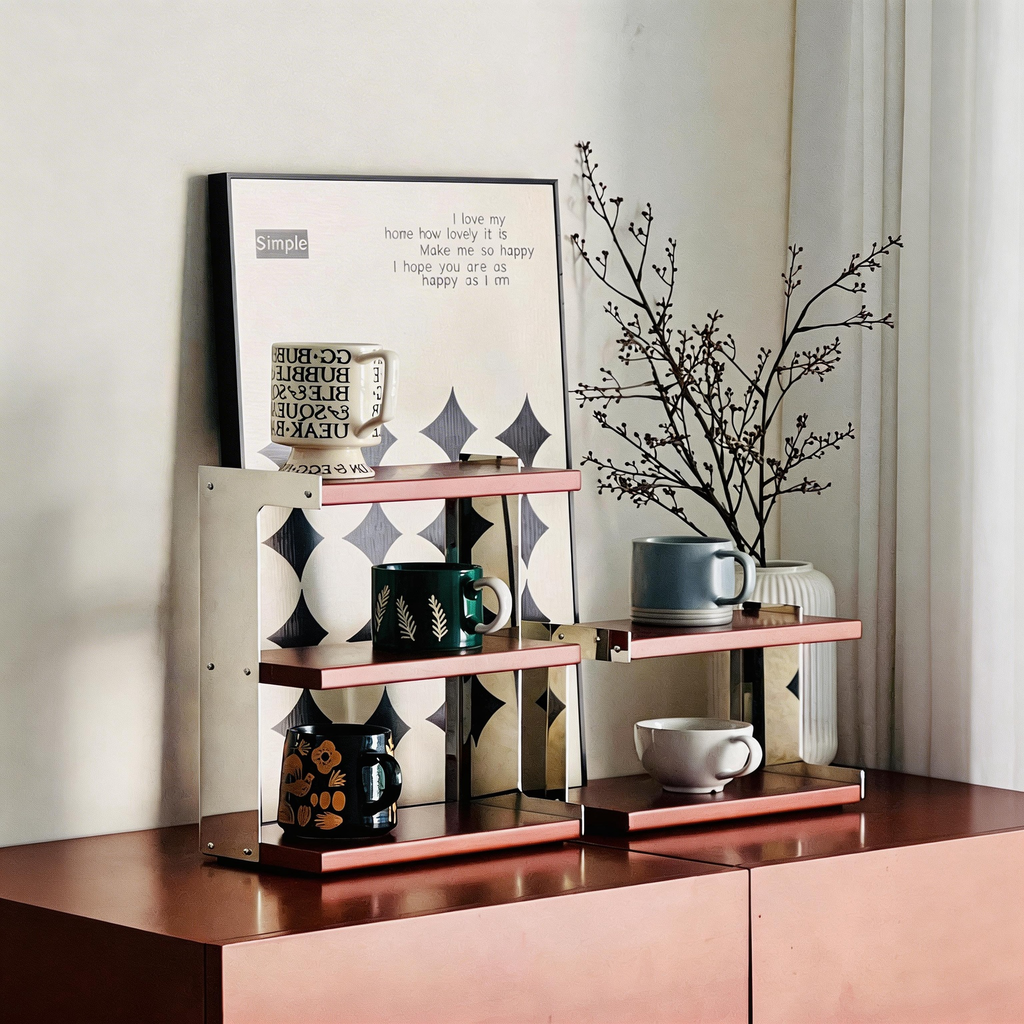 Mirror-Finish Metal Supported Three-Tier Wooden Cup Stand